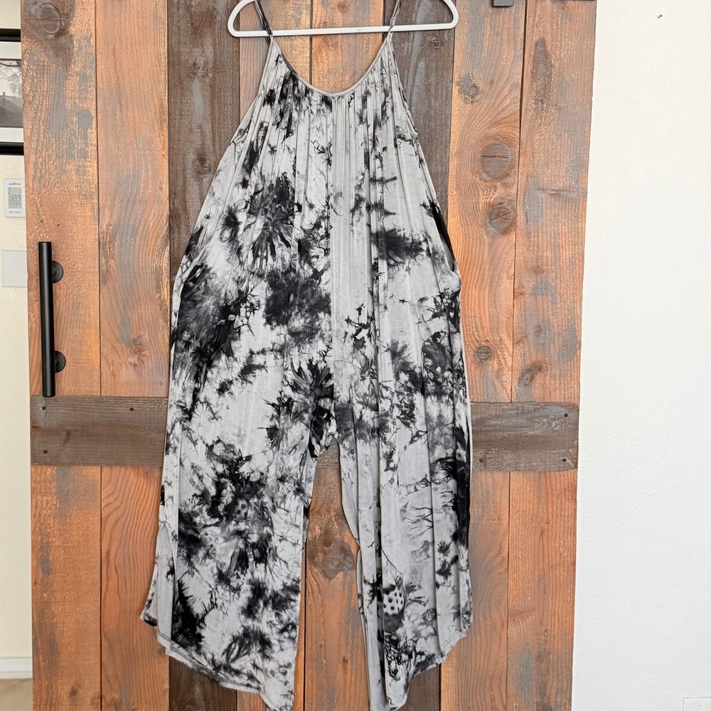 Kori America Plus Tie Dye Wide Leg Jumpsuit Gray Black‎ Boho Harem XL